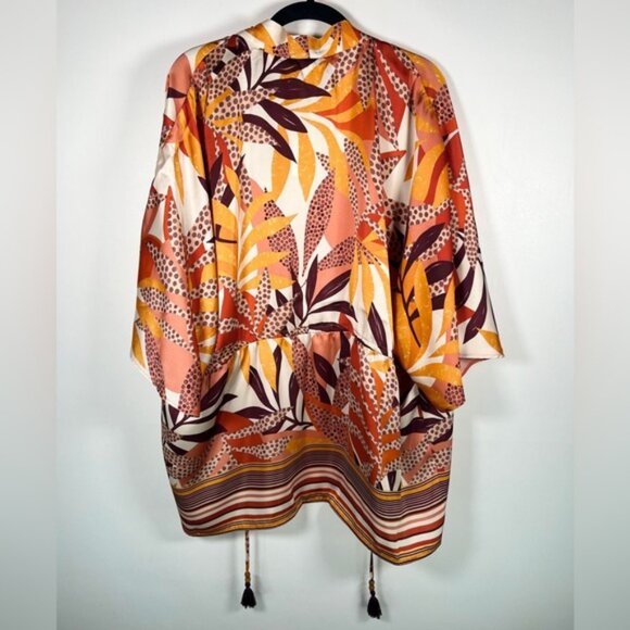 NWT DR2 Daniel Rainn Tropical Satin Ruana Wide 3/4 Sleeves Beaded Drawstring S/M - Picture 10 of 16